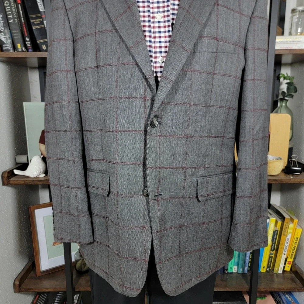 Tasso Elba Men's Sport Coat Gray Herringbone Plaid‎ Poly Wool Size Large 42-44